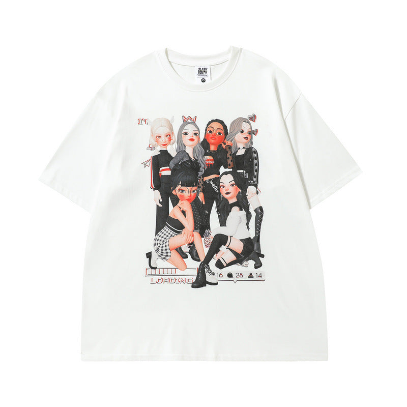 Men T Shirt Cartoon Printed Worn Looking Washed-out Short-Sleeved T-shirt Men and Women Couple