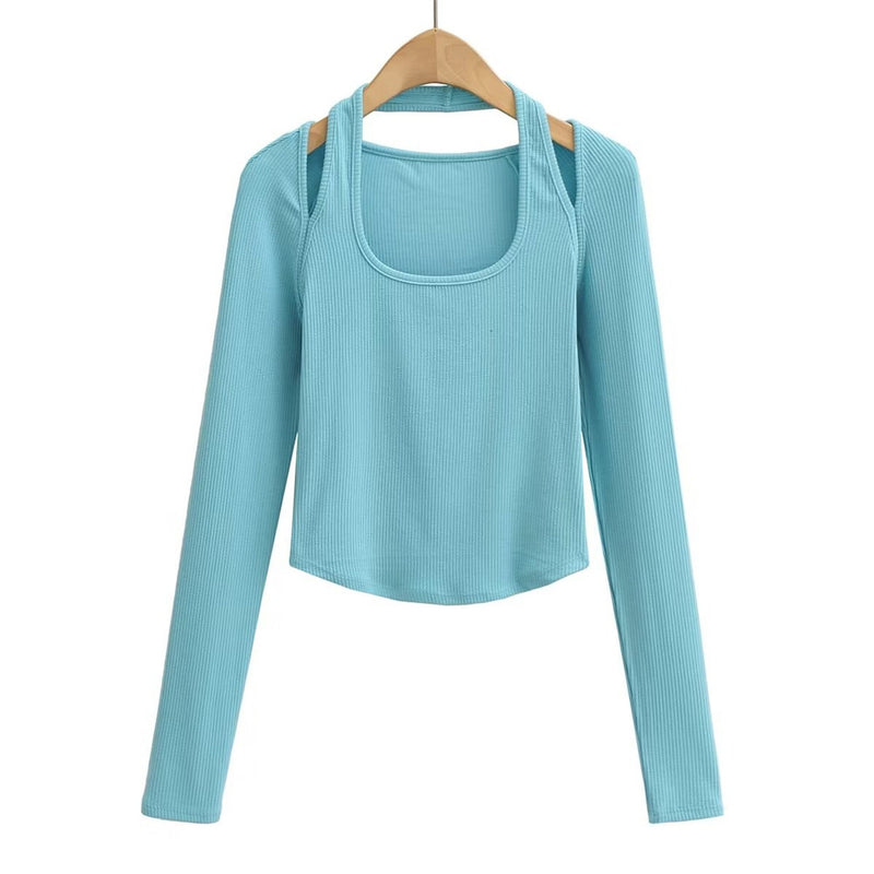 Women T-Shirt Halter U-Neck Long-Sleeved Fitted Short T-shirt