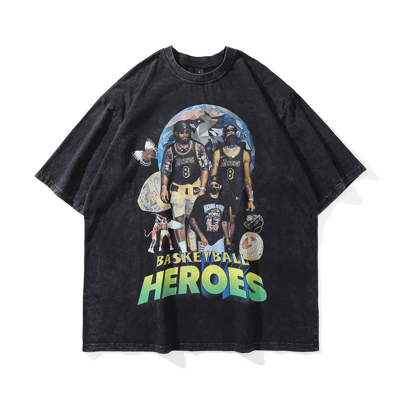 Men T Shirt Washed Old Hip Hop Portrait Loose Short Sleeve T-shirt Men and Women