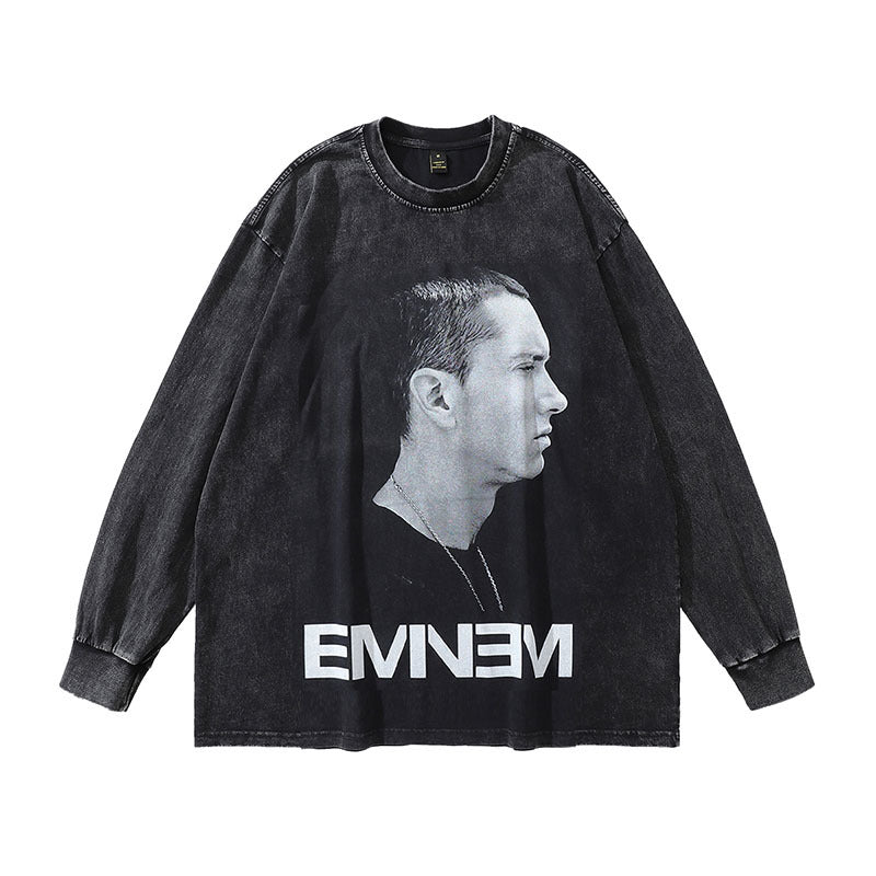 Men Long Sleeve Shirt Retro Figure Printed T-shirt Men and Women Vintage Washed and Worn Dozen