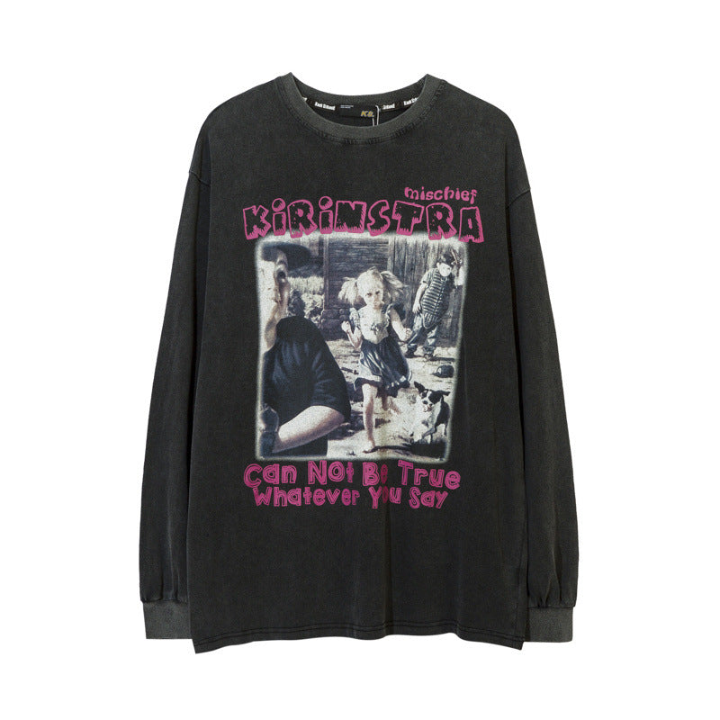 Men Long Sleeve Shirt Vintage Portrait Printing Long Sleeve Bottoming Shirt Distressed T-shirt for Men