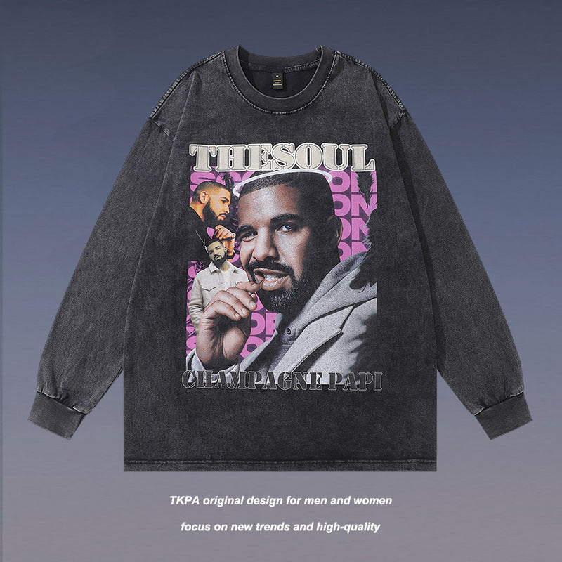 Men Long Sleeve Shirt Printed Washed Distressed Long Sleeve T-shirt Men and Women Retro
