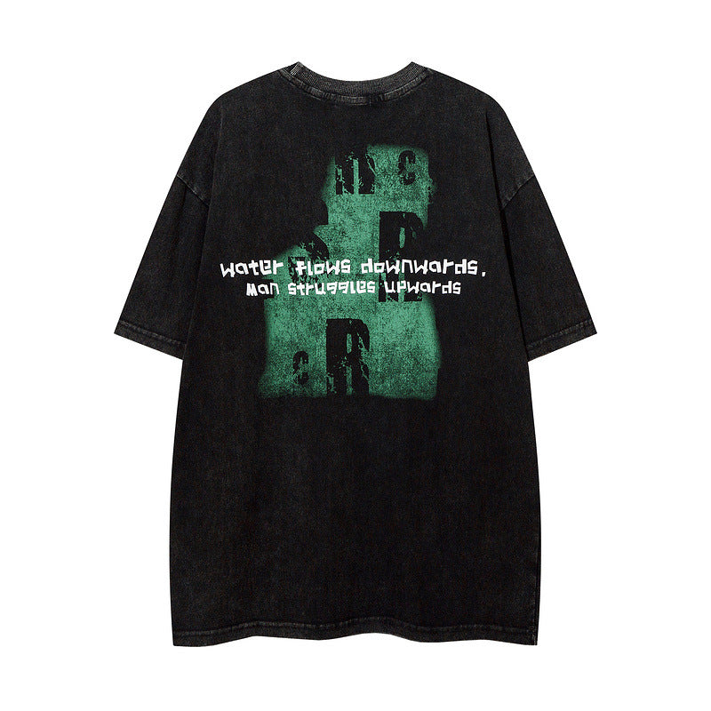 Men T Shirt Hip Hop Vintage Print Short Sleeves T-shirt Men's Wash T-shirt