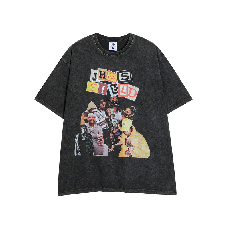 Men T Shirt Hip Hop Vintage Print Short Sleeves T-shirt Men and Women Loose
