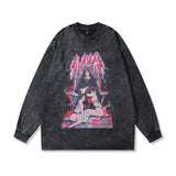 Men Long Sleeve Shirt Hip Hop Retro Cartoon Washed Long Sleeve T-shirt for Men and Women
