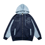 Men Fleece Lined Hoodie Cardigan Sweater Men's Winter Loose Color Contrast Patchwork Embroidered Letters