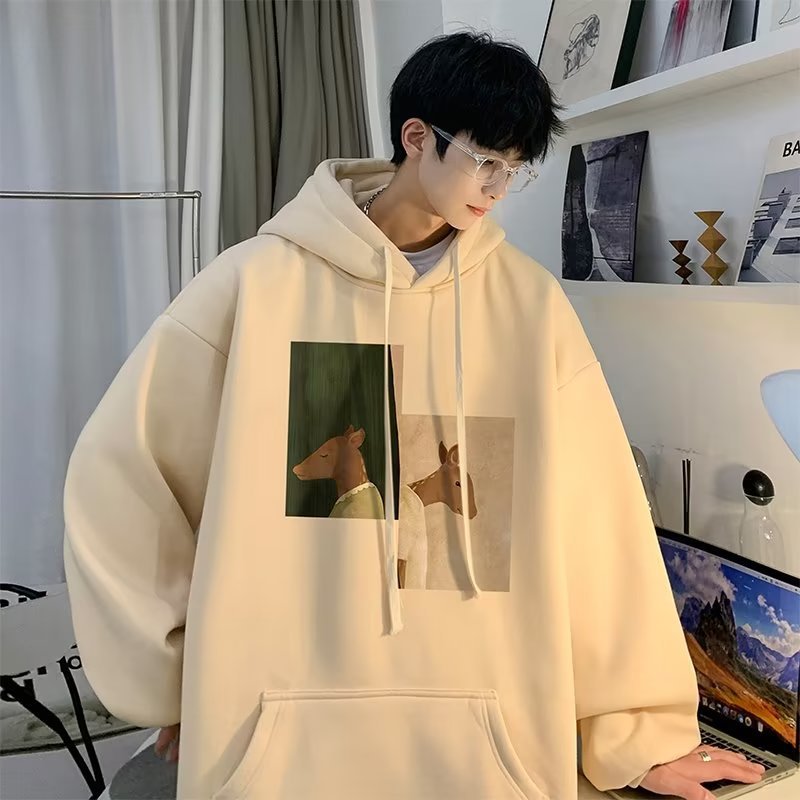 Men Hoodie Hooded Sweater Men's Autumn Loose Couple Sleeve Hoodie Coat