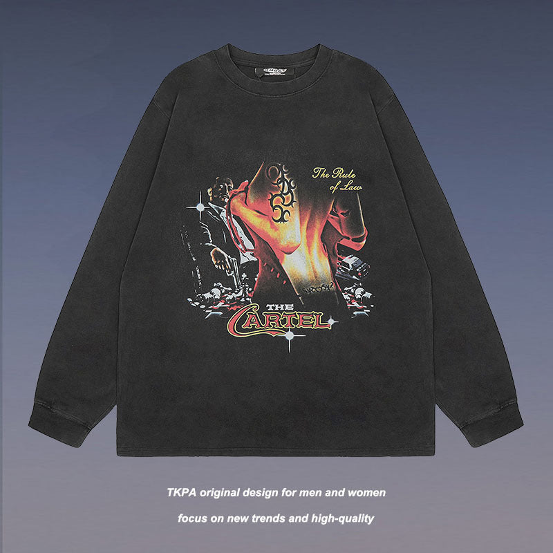 Men Long Sleeve Shirt Printed Heavy Washed Long Sleeve Bottoming T-shirt Men and Women Ins