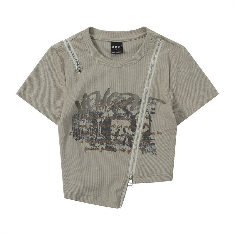 Women T-shirt T-shirt Zipper Printed Short-Sleeved Top Girls Summer