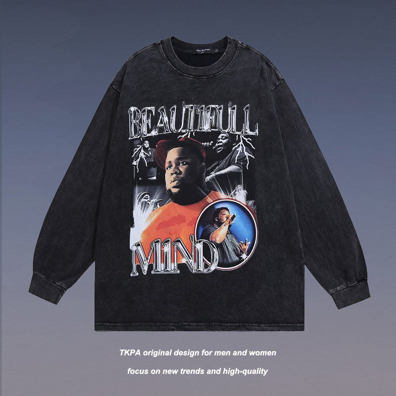 Men Long Sleeve Shirt Hiphop Vintage Long Sleeve T-shirt Men and Women Versatile Loose-Fitting Underwear