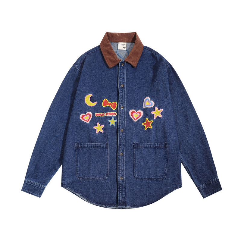Men Long Sleeved T Shirt XINGX Embroidered Denim Shirt Men Fashion Brands Loose Pockets Long Sleeve Shirt Coat