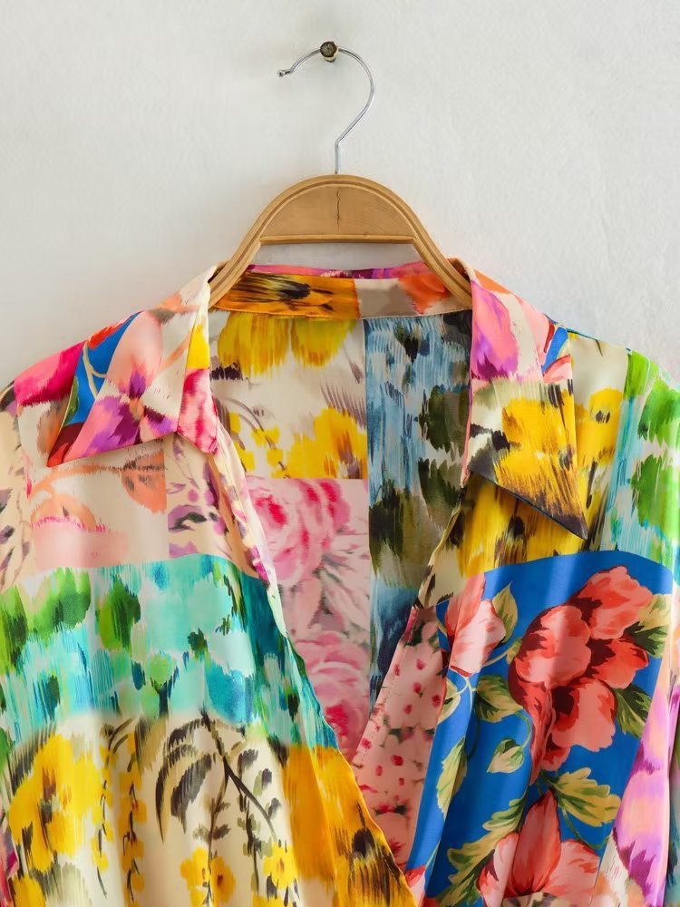 Women's T-Shirt Spring Printed Silk Satin Textured Shirt