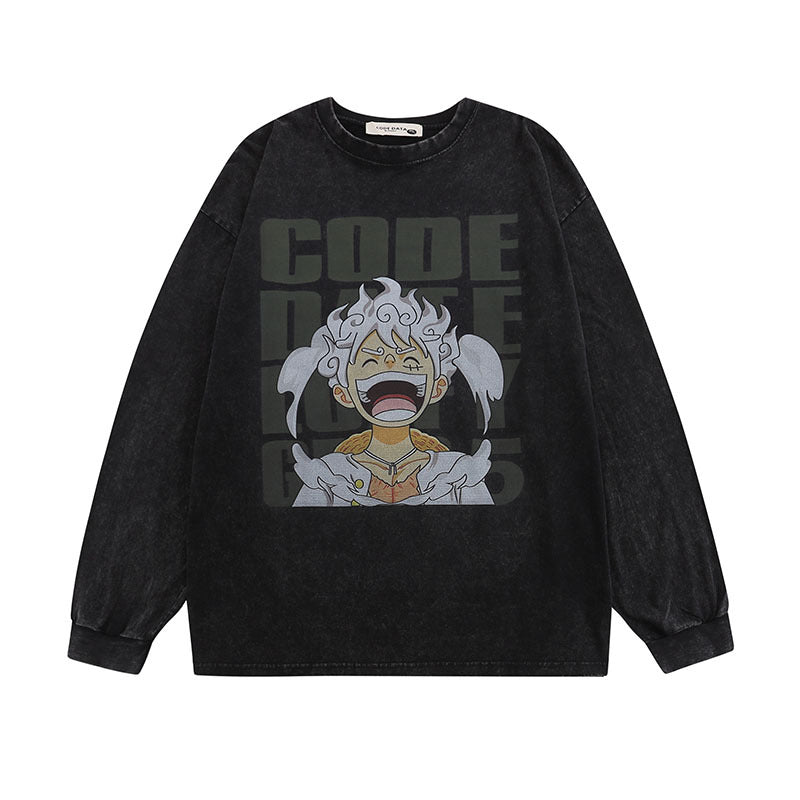 Men Long Sleeve Shirt Cartoon Printed Washed Distressed Long Sleeve T-shirt Men and Women Autumn Idle Style