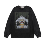 Men Long Sleeve Shirt Cartoon Printed Washed Distressed Long Sleeve T-shirt Men and Women Autumn Idle Style