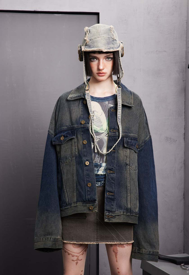 Unisex Jacket Autumn Washed Gradient Denim Coat for Women