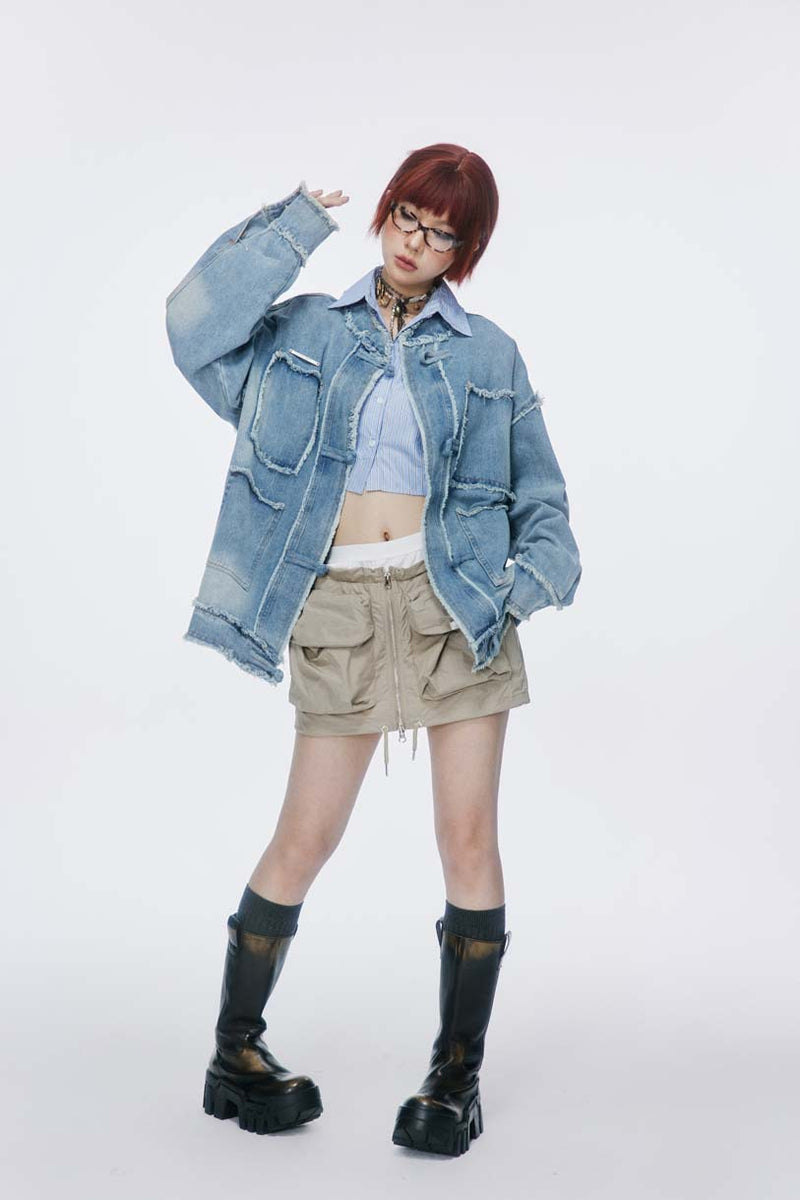 Unisex Jacket Autumn Washed Buckle Denim Coat Women's Clothing
