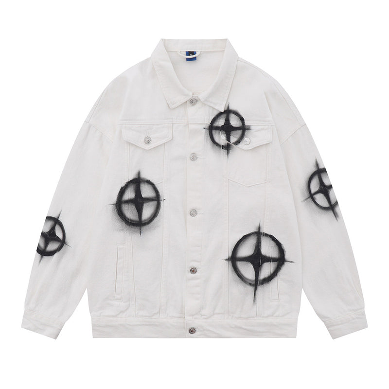 Men Denim Jacket Patterned Denim Jacket Men's Washed and Worn Denim Jacket