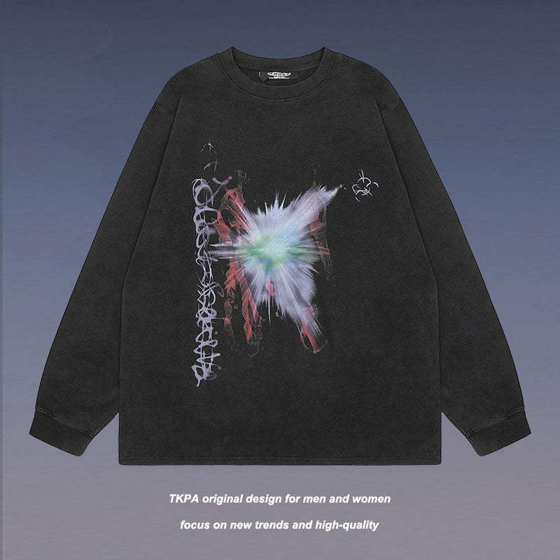 Men Long Sleeve Shirt Graffiti Printing Casual Couple Washed Long Sleeve T-shirt Men and Women