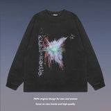 Men Long Sleeve Shirt Graffiti Printing Casual Couple Washed Long Sleeve T-shirt Men and Women