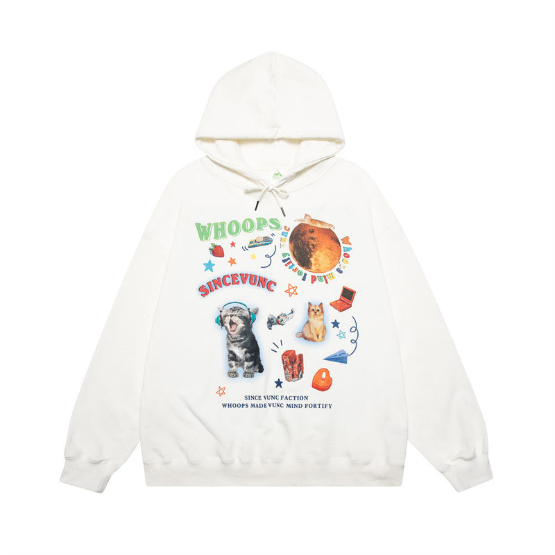 Men Hoodie Kitten Print Hooded Loose Sweater Loose