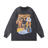 Men Long Sleeve Shirt  Vintage Floral Print Long Sleeves Bottoming T-shirt Men and Women Washed Distressed