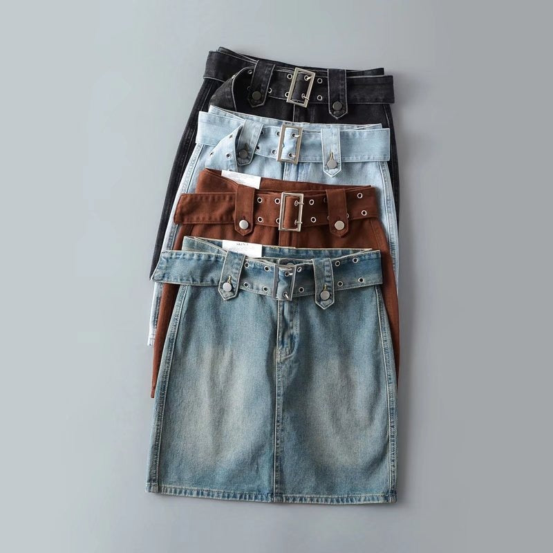 Women Skirt Short Belt Denim Skirt