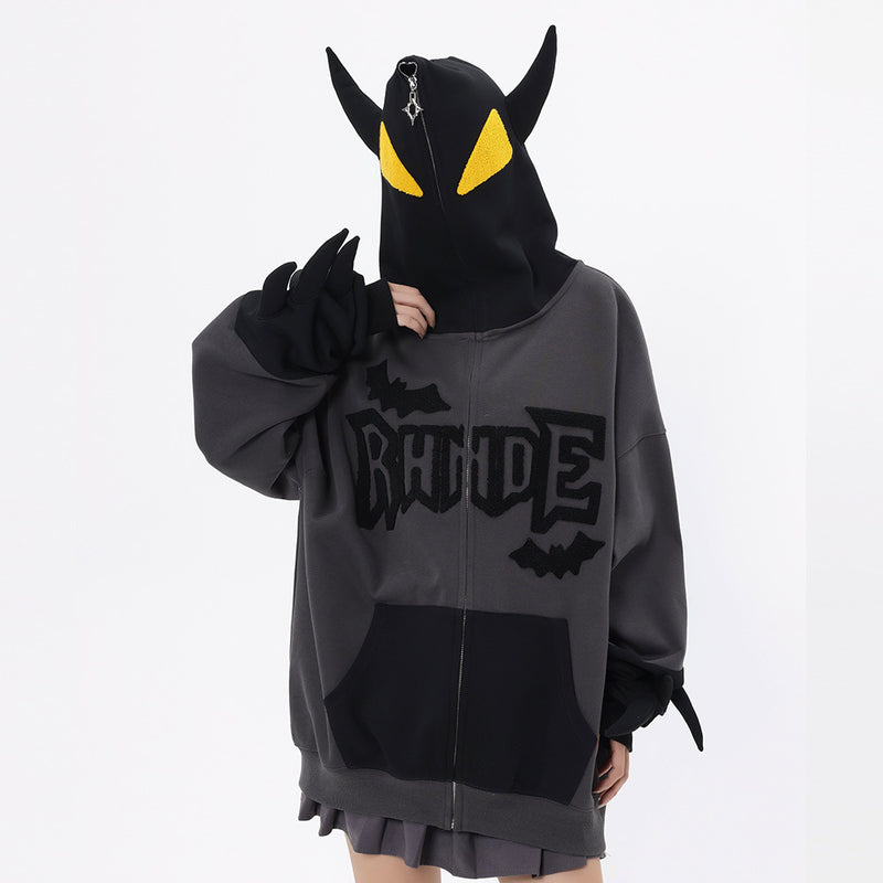 Men Hoodie Masked Bat Hooded Cardigan Sweater Letter Towel Embroidery Coat