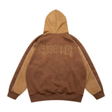 Men Fleece Lined Hoodie Cardigan Sweater Men's Winter Loose Color Contrast Patchwork Embroidered Letters