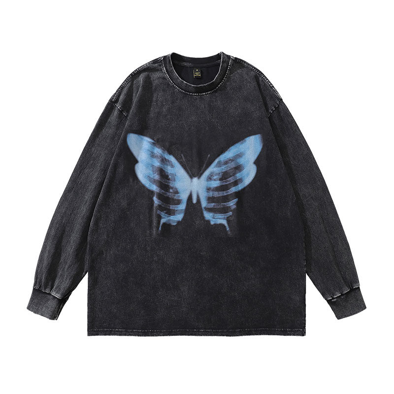 Men Long Sleeve Shirt Butterfly Graffiti Printing Vintage Long Sleeve T-shirt Washed and Worn Base