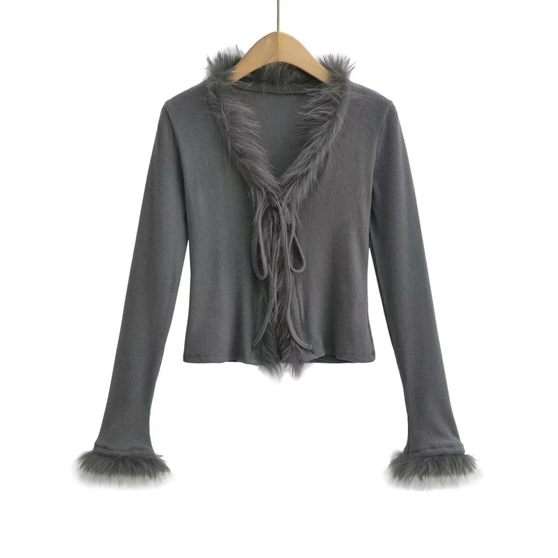 Women T-Shirt Stitching Temperament Long Sleeve Cardigan Women's Short Top