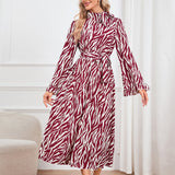 Jungle Print Maxi Dress Stand Collar Thin Band Dress Leopard Print