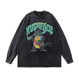 Men Long Sleeve Shirt Vintage Cartoon Printed Washed Long Sleeve Bottoming T-shirt Men and Women Ins