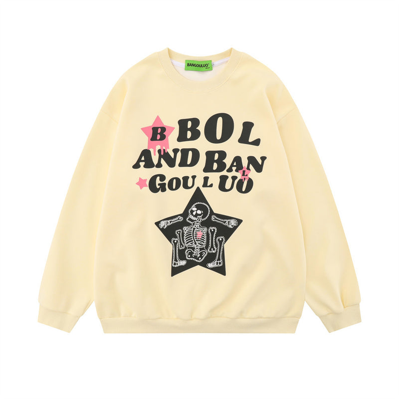 Men Hoodie Spring and Autumn Pullover Sweater Men's Five-Pointed Star Skull Bone Print round Neck Loose Top