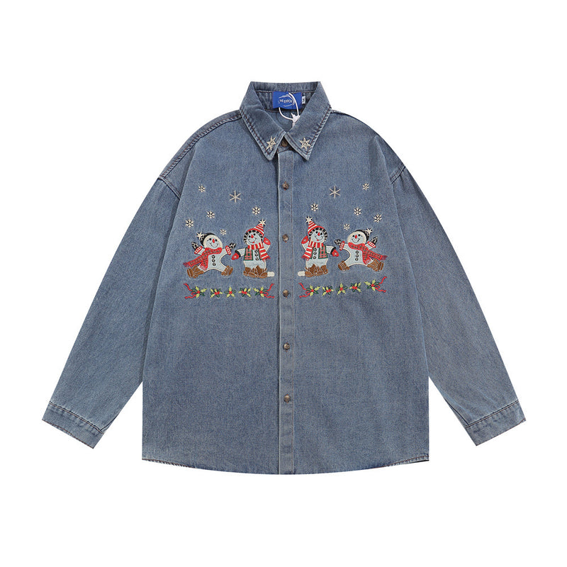 Men Long Sleeved T Shirt Embroidery Denim Shirt Jacket Men's Spring and Autumn Lapel Shirt Ins Loose Casual