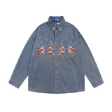 Men Long Sleeved T Shirt Embroidery Denim Shirt Jacket Men's Spring and Autumn Lapel Shirt Ins Loose Casual