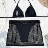 Women Co-Ord Set Swimsuit Solid Color Mesh Rhinestone Three-Piece Bikini Swimsuit