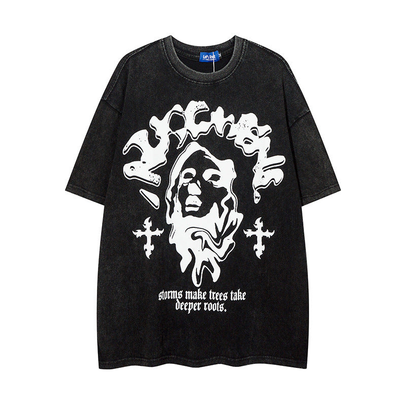 Men T Shirt Vintage Distressed Dark Portrait Wash Couple Short Sleeve T-shirt Men
