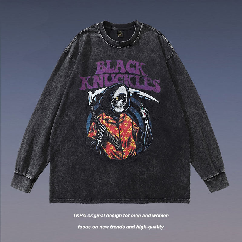 Men Long Sleeve Shirt Devil Print Long Sleeve T-shirt Men's and Women's Hiphop Distressed Top
