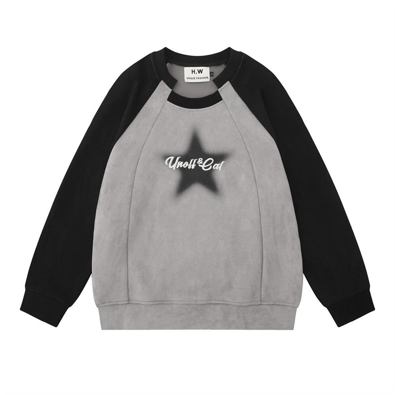 Men Hoodie Raglan Sleeve Crew Neck Pullover Sweatshirt Stitching Five-Pointed Star Printed Spring and Autumn Loose Top