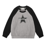 Men Hoodie Raglan Sleeve Crew Neck Pullover Sweatshirt Stitching Five-Pointed Star Printed Spring and Autumn Loose Top