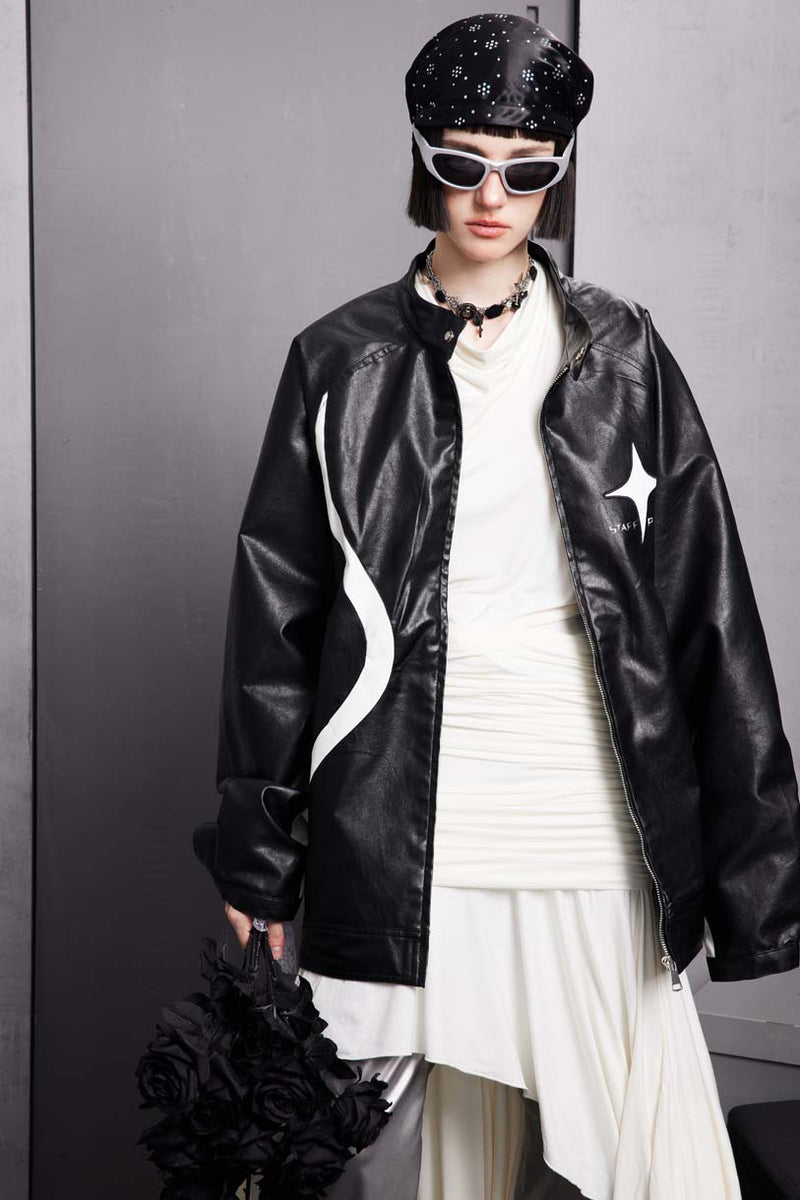 Unisex Jacket Autumn Black and White Color Contrast Patchwork Leather Coat for Women