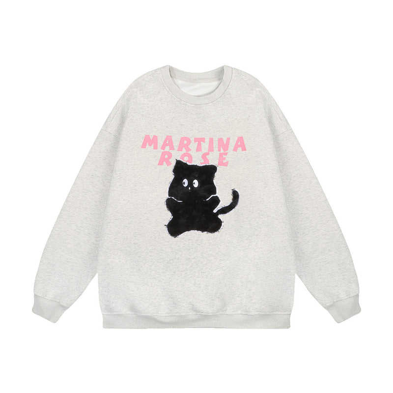 Men Hoodie Flocking Embroidered Kitten round Neck Sweater