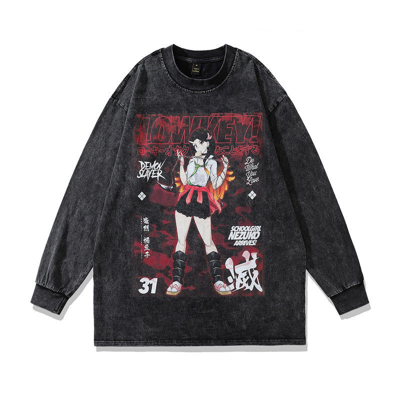 Men Long Sleeve Shirt Hip Hop Retro Head Washed and Worn Long Sleeve T-shirt Men and Women