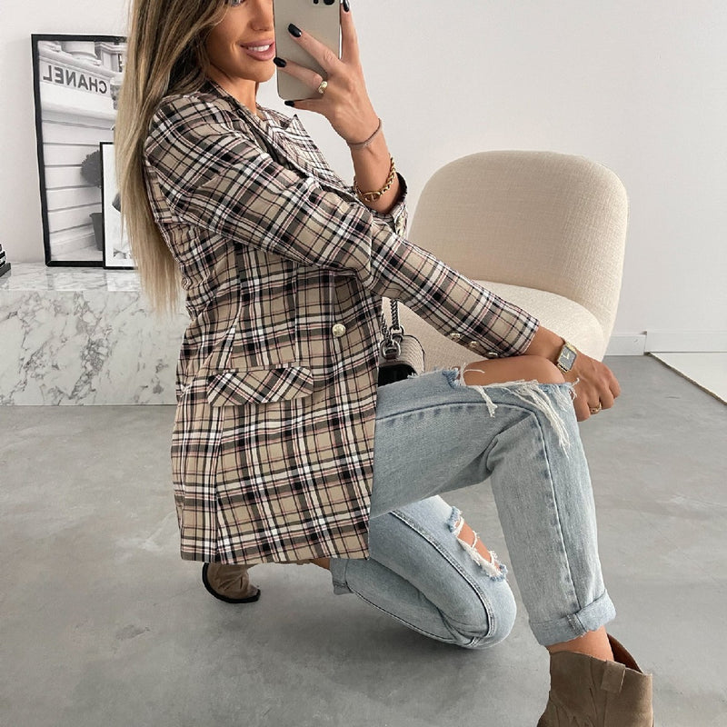 Plaid Trench Coat Fashion Plaid Slim Fit Printed Blazer for Women
