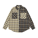 Men Long Sleeved T Shirt Plaid Long Sleeve Shirt Men Niche Color Contrast Patchwork Lapel Shirt Coat