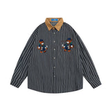 Men Long Sleeved T Shirt Embroidered Long Sleeve Shirt Men's Spring and Autumn Vertical Stripes Contrast Color Shirt Coat Vintage