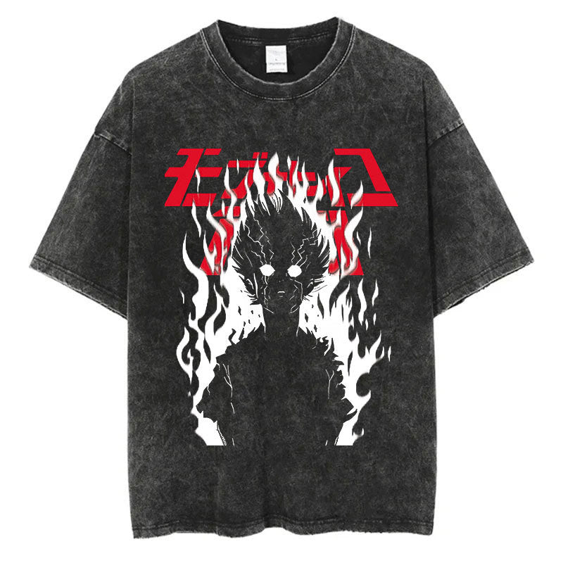 Vintage Black Washed Cotton Tees Shirts Anime Graphic