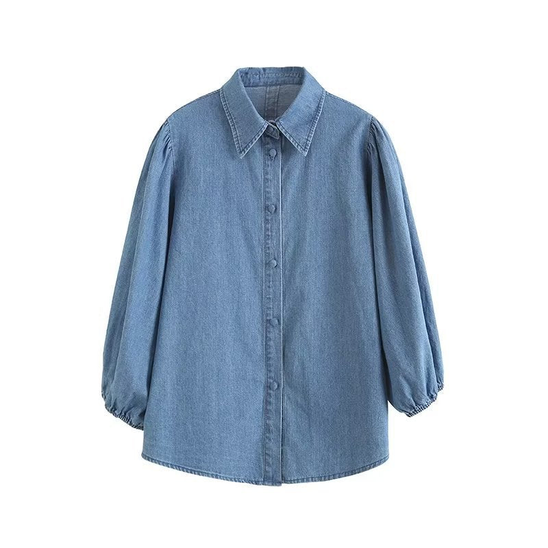 Women T-shirt Denim Shirt Women Spring and Autumn Top Loose Long Sleeve