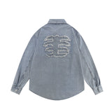 Men Long Sleeve T Shirt Embroidered Denim Shirt Jacket Men's Loose Wash Long Sleeve Denim