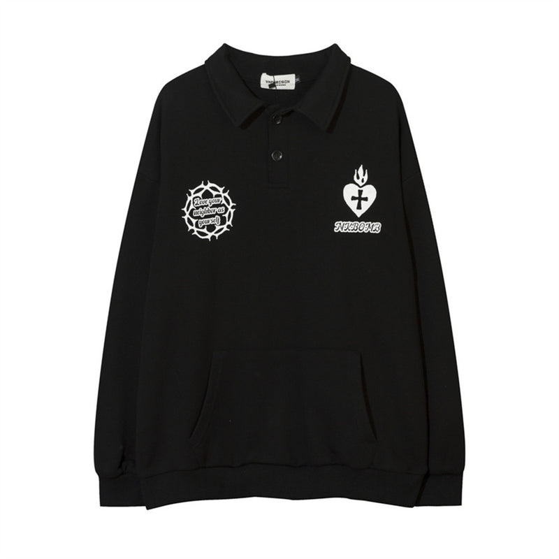 Men Hoodie Hip Hop American Love Character Printing Lapel Sweatshirt
